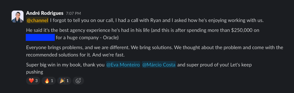 Real Slack message from a Scaling Studio client channel
